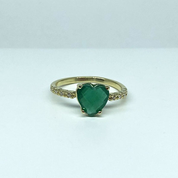 Anel Coração Pedra Verde Esmeralda Folheado a Ouro 18K