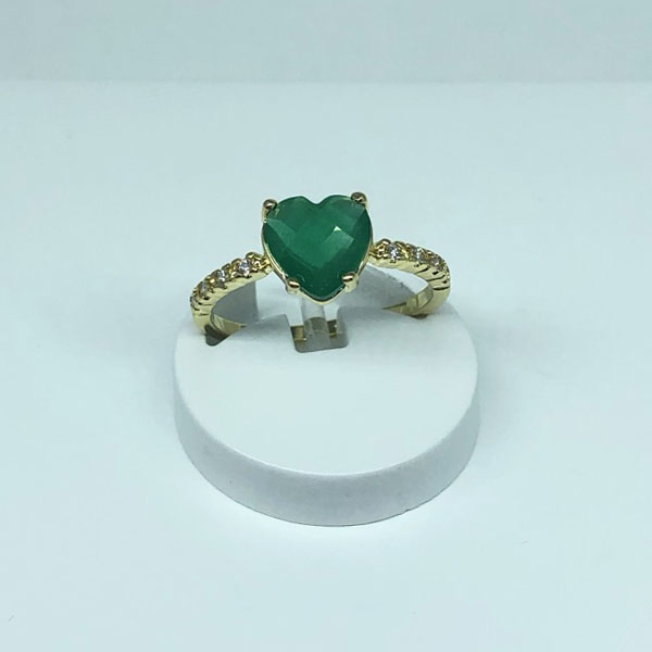 Anel Coração Pedra Verde Esmeralda Folheado a Ouro 18K